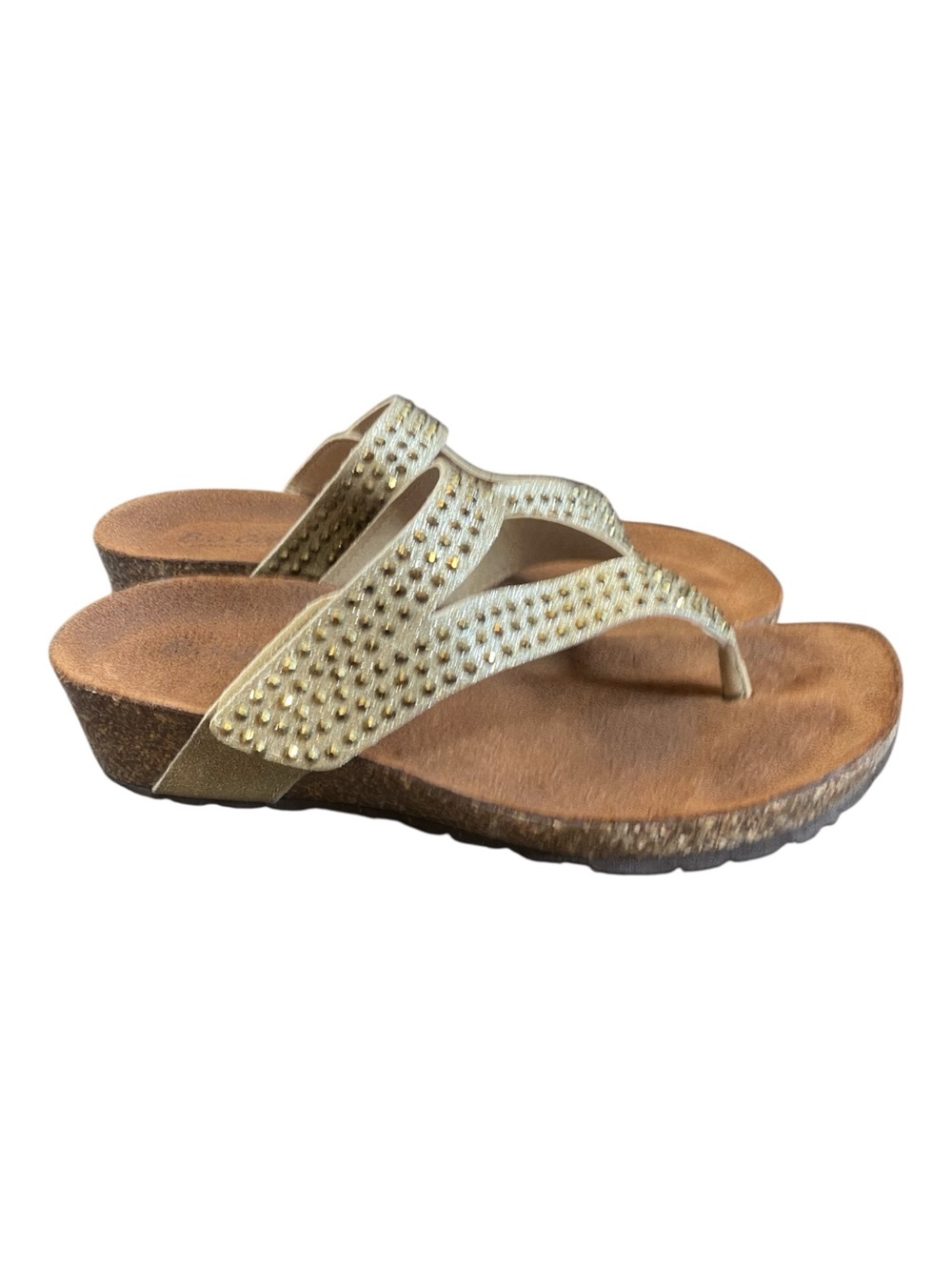 Bio Gold Womens Gold Glitter Rhinestone Wedge Sandals Shoes